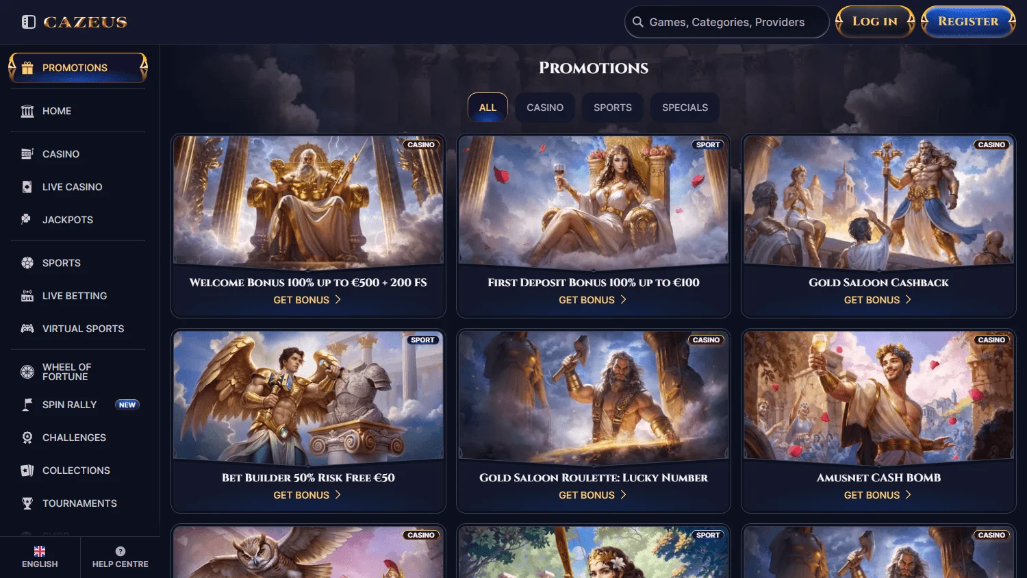 Cazeus Casino desktop promotions interface with bonus offers