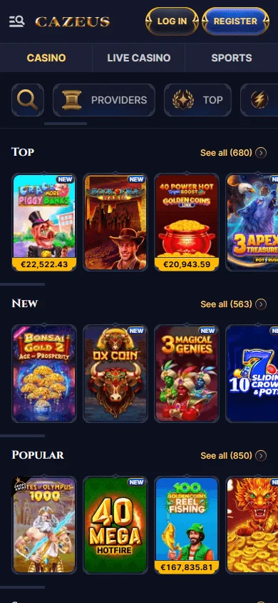 Cazeus Casino mobile browser games interface