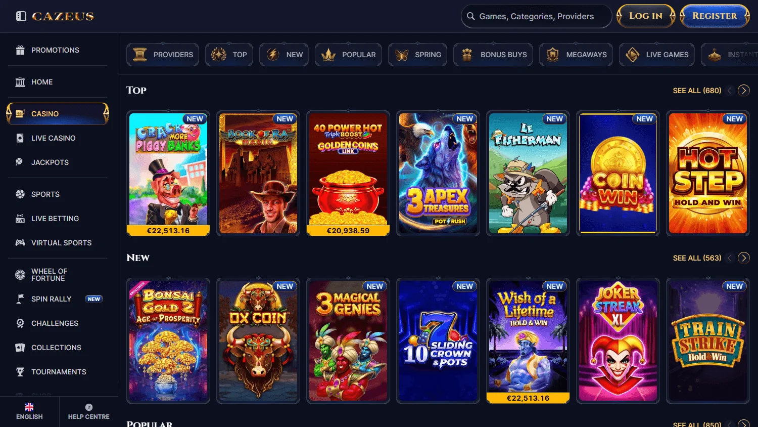 Cazeus Casino desktop games interface with casino categories
