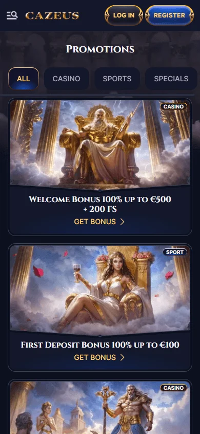 Cazeus Casino mobile browser promotions interface