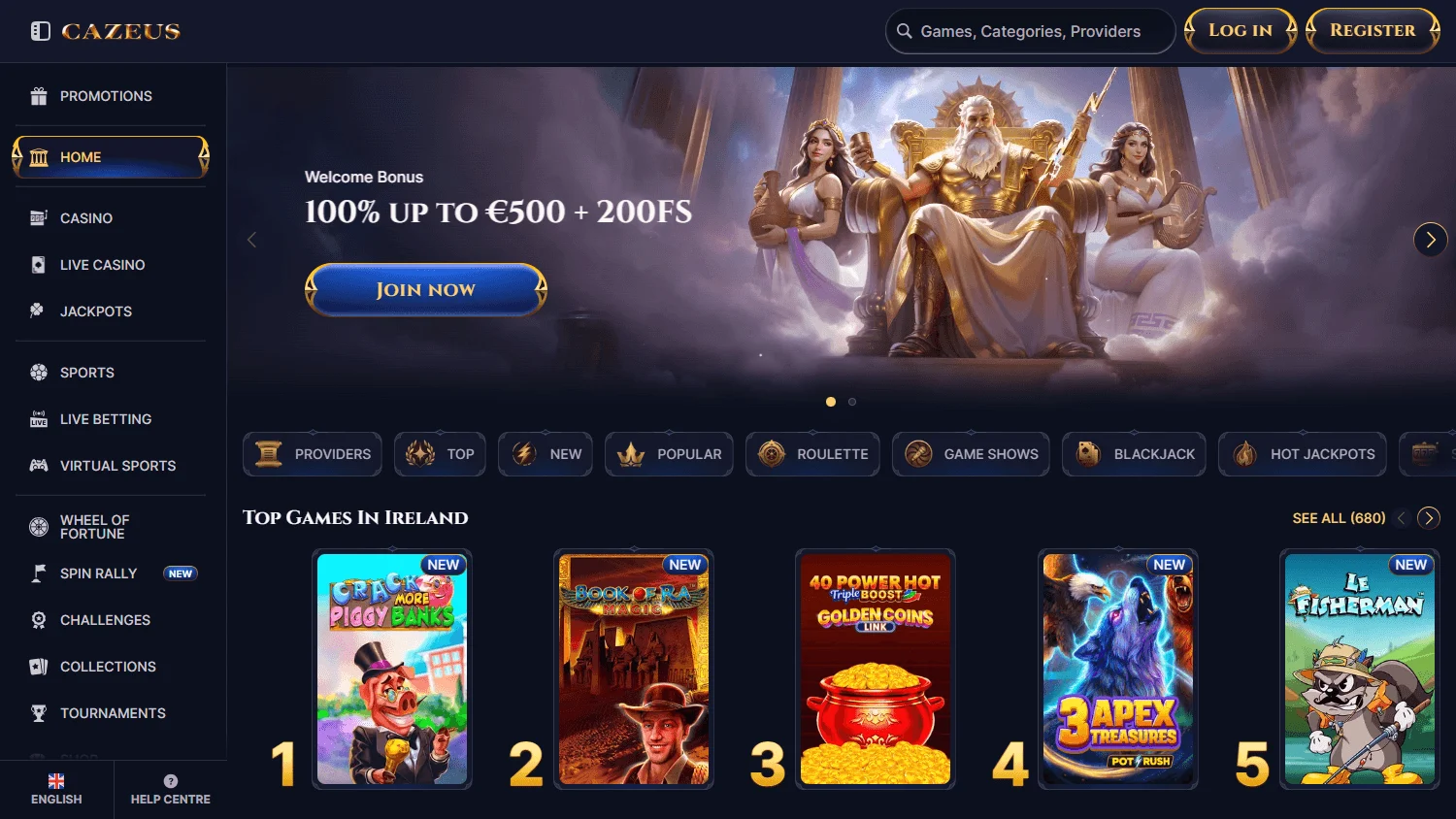 Cazeus Casino desktop home interface with casino offers and account access