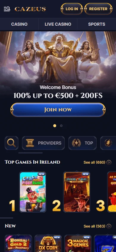 Cazeus Casino mobile browser home interface